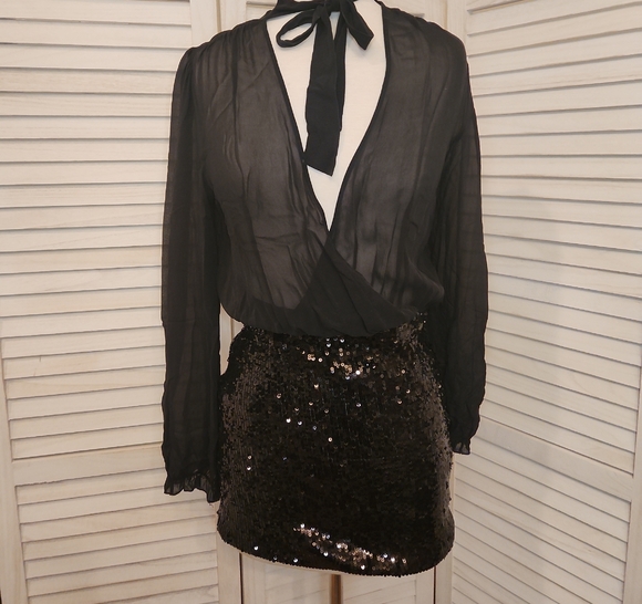 Marciano Dresses & Skirts - Marciano Black Sheer Dress with Sequin Skirt Size M